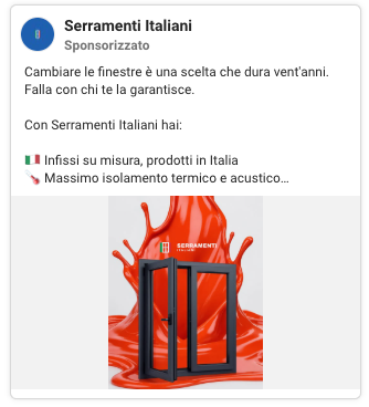Inserzione Meta con creatività di prodotto per finestre su misura