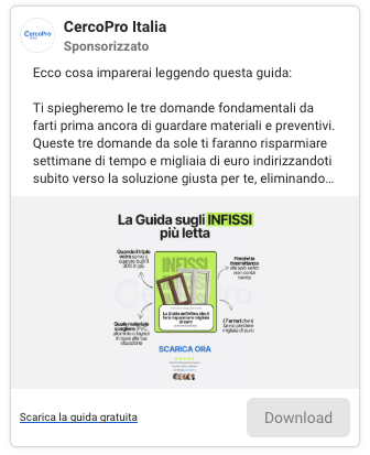 Inserzione Meta per il download di una guida gratuita sugli infissi