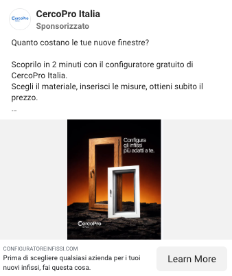 Inserzione Meta per un configuratore online di preventivi infissi