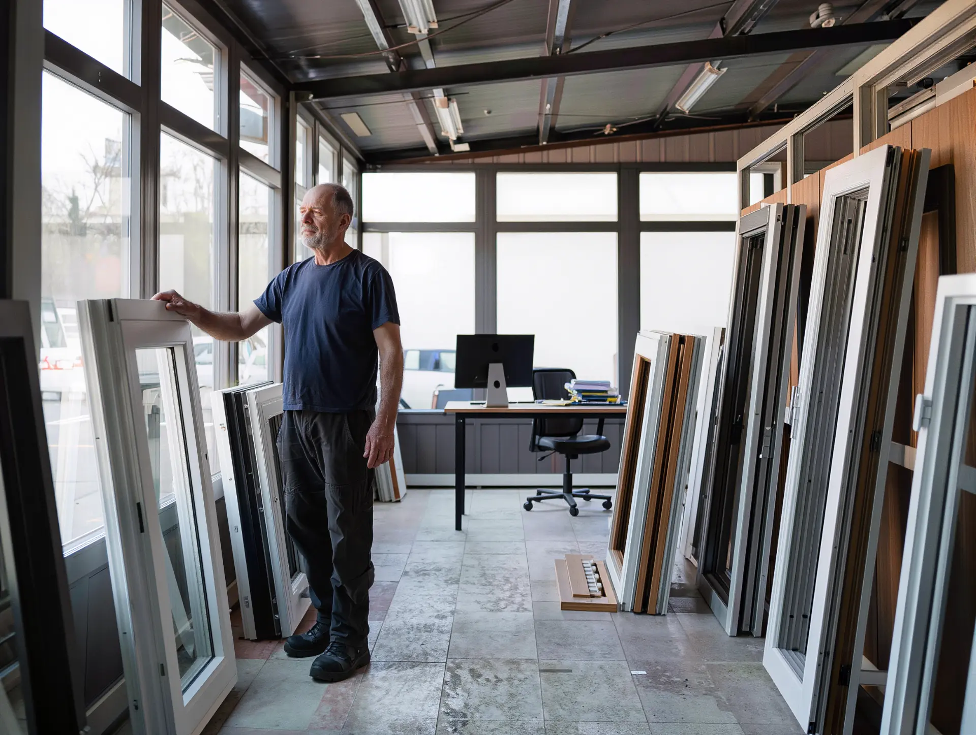 Showroom di serramenti con finestre e porte esposte