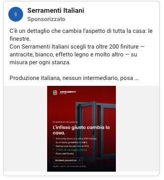 Inserzione Meta di un'azienda di serramenti su misura con focus sulle finiture