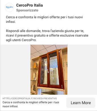 Inserzione Meta per la richiesta di preventivo con foto di una finestra installata
