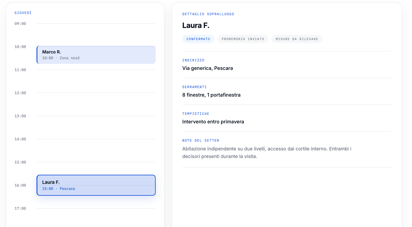 Dettaglio di un sopralluogo confermato con indirizzo, serramenti e note